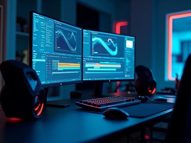 Modern editing suite with dual monitors and color grading tools