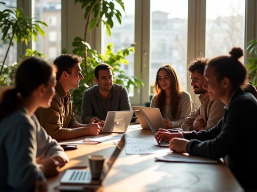 Team collaborating in creative office workspace