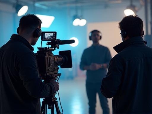 Behind the scenes of video filming with professional equipment