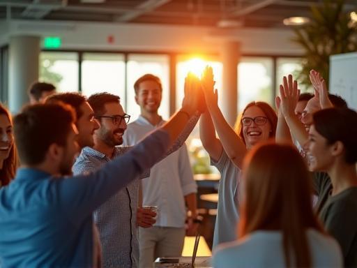 Team celebrating success and positive culture in office