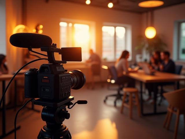 Creative content production setup with camera, microphone, and laptops